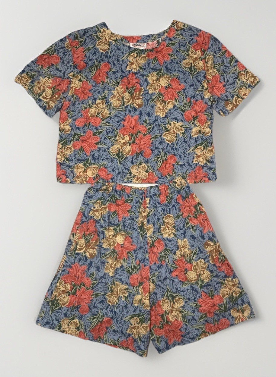 Vintage Luau Nani Of Hawaii Floral Pant Top Set Lounge Wear Blue Tropical 1970 S