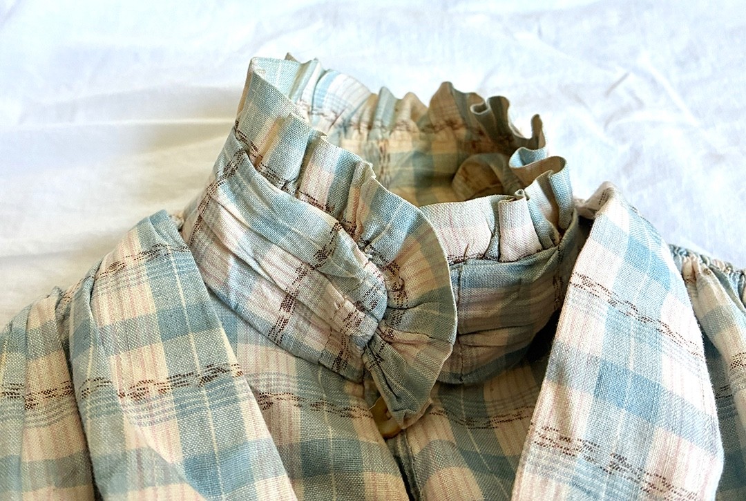 Antique 1800’s Ladies Gingham Bodice w Cummerbund & Stays ~ Mutton Sleeves XXS