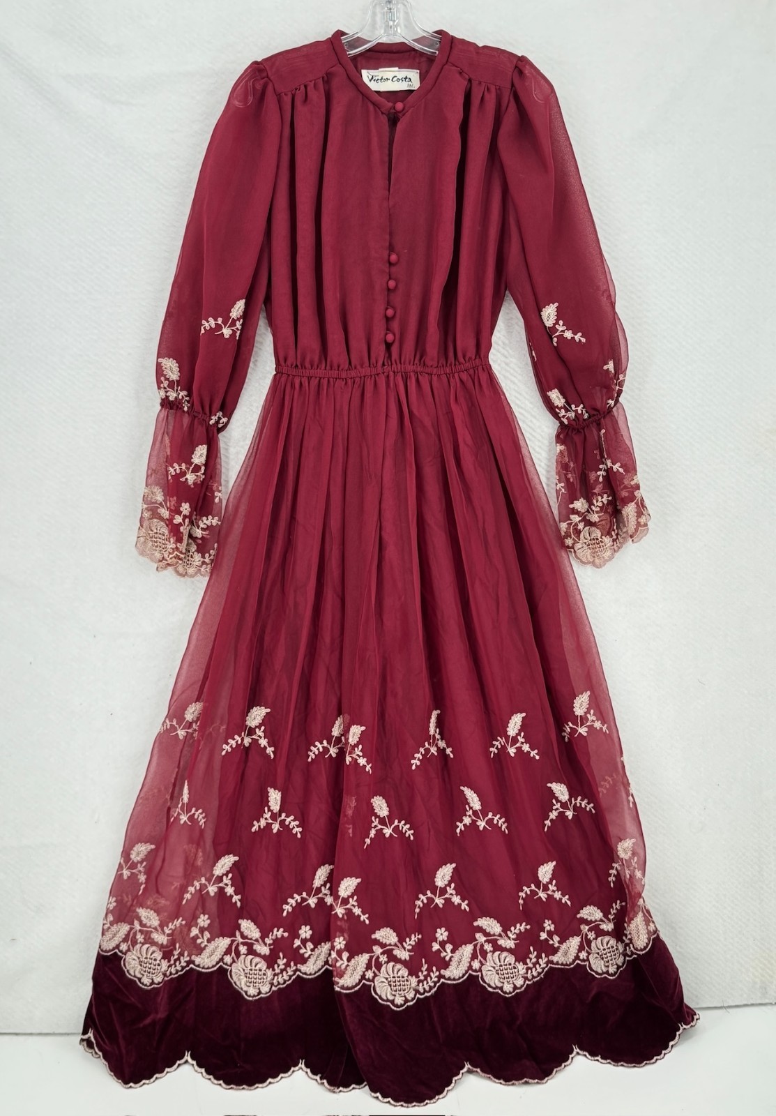 Victor Costa Vintage Burgundy Chiffon Embroidered Long Victorian Dress Sz 8