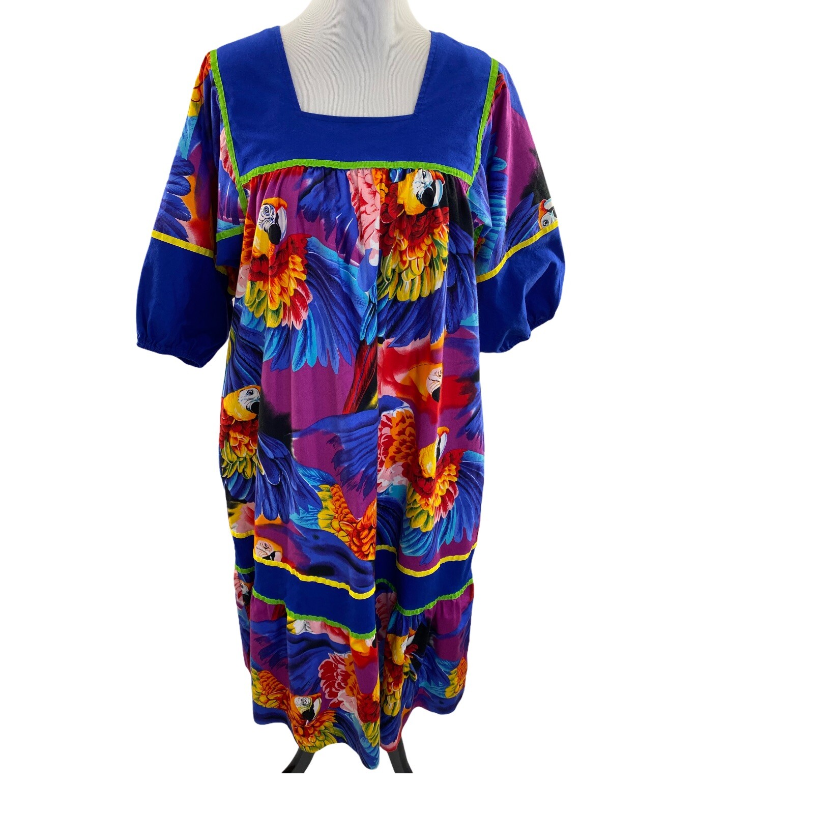 Vintage Krist Gudnason Blue Red Parrot Print MuMu Kaftan Dress Tiki Bird Rare M