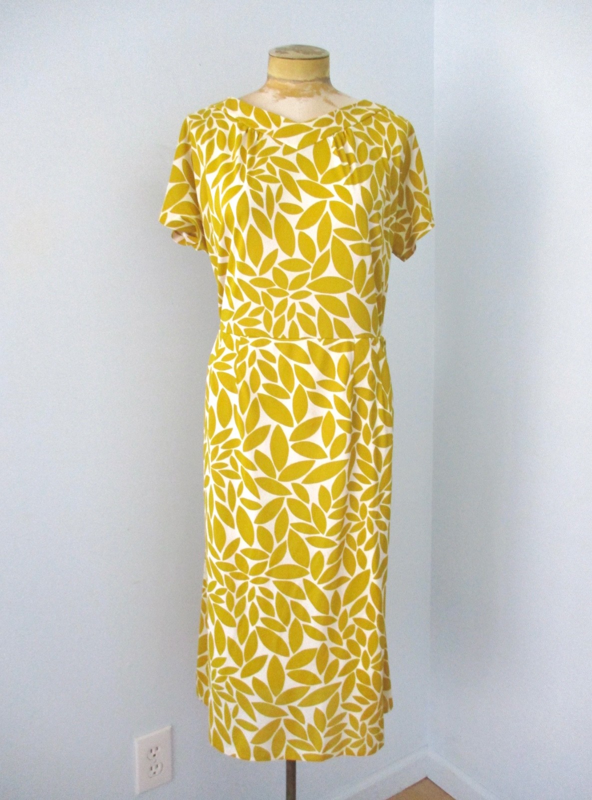 Vtg 50s Westover Mustard Gold Abstract Leaf Silky Knit Rockabilly Dress M/L