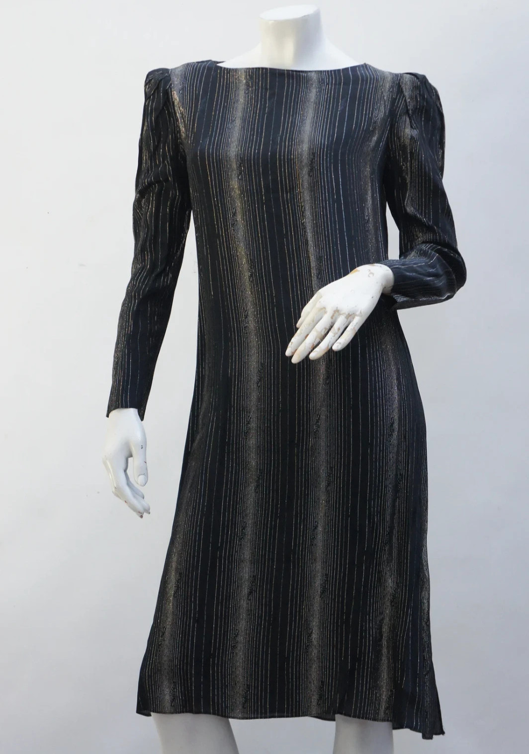 Vintage 70s Black Puff Sleeve Gold and Silver Metallic Stripe Dress Union Made