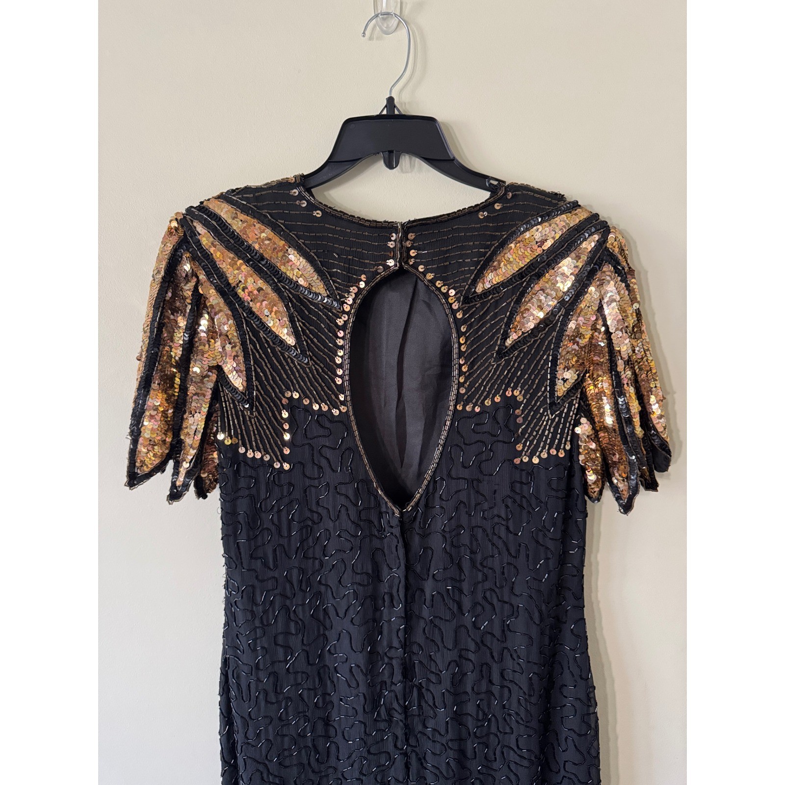Stenay Vintage 80s Silk Beaded Sequin Dress Black Gold Art Deco Keyhole Back 8