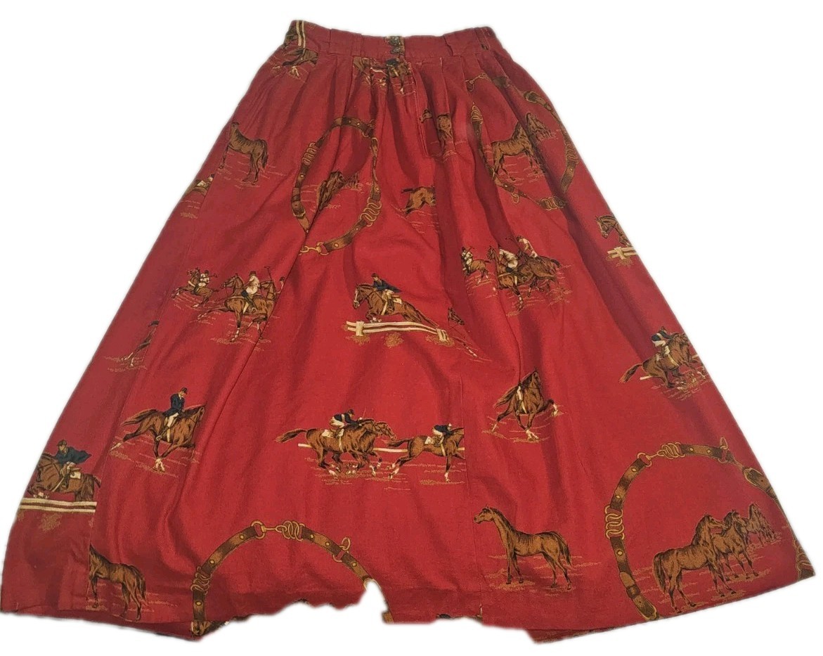 Vintage 80s 90s Ralph Lauren Western Pleated Skirt 100% Cotton Equestrian Scene