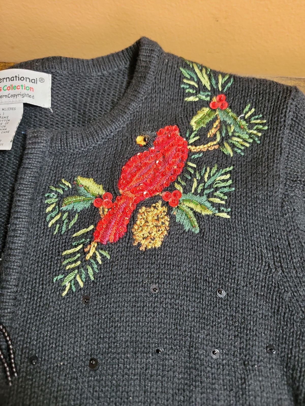 Tiara International Vtg Zip Christmas Sweater Cardinals Embroidered Black large