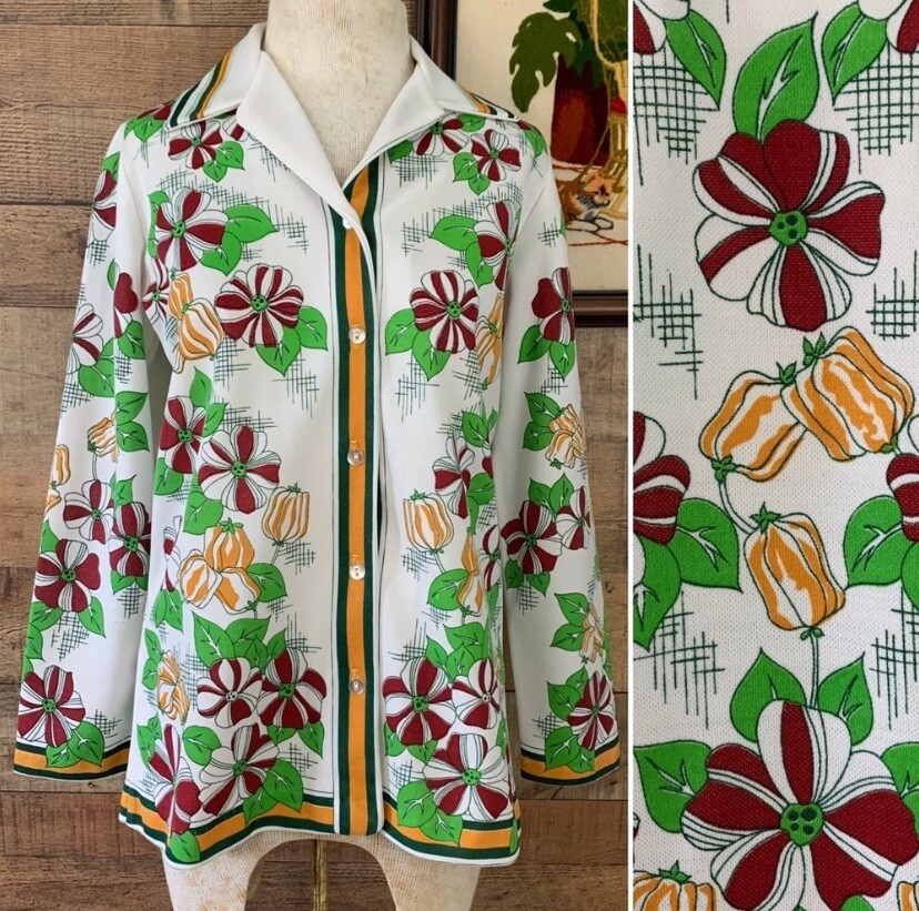 Vintage 1970’s Floral Boho Hippie Wide Pointy Collar Button Front Shirt Medium