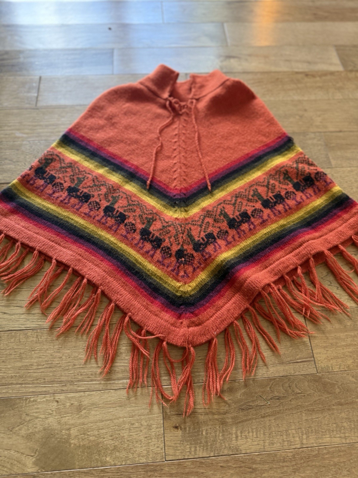 Hand Knit Alpaca Wool Andean Poncho Fringe Folk Textile Cape Southwestern VTG