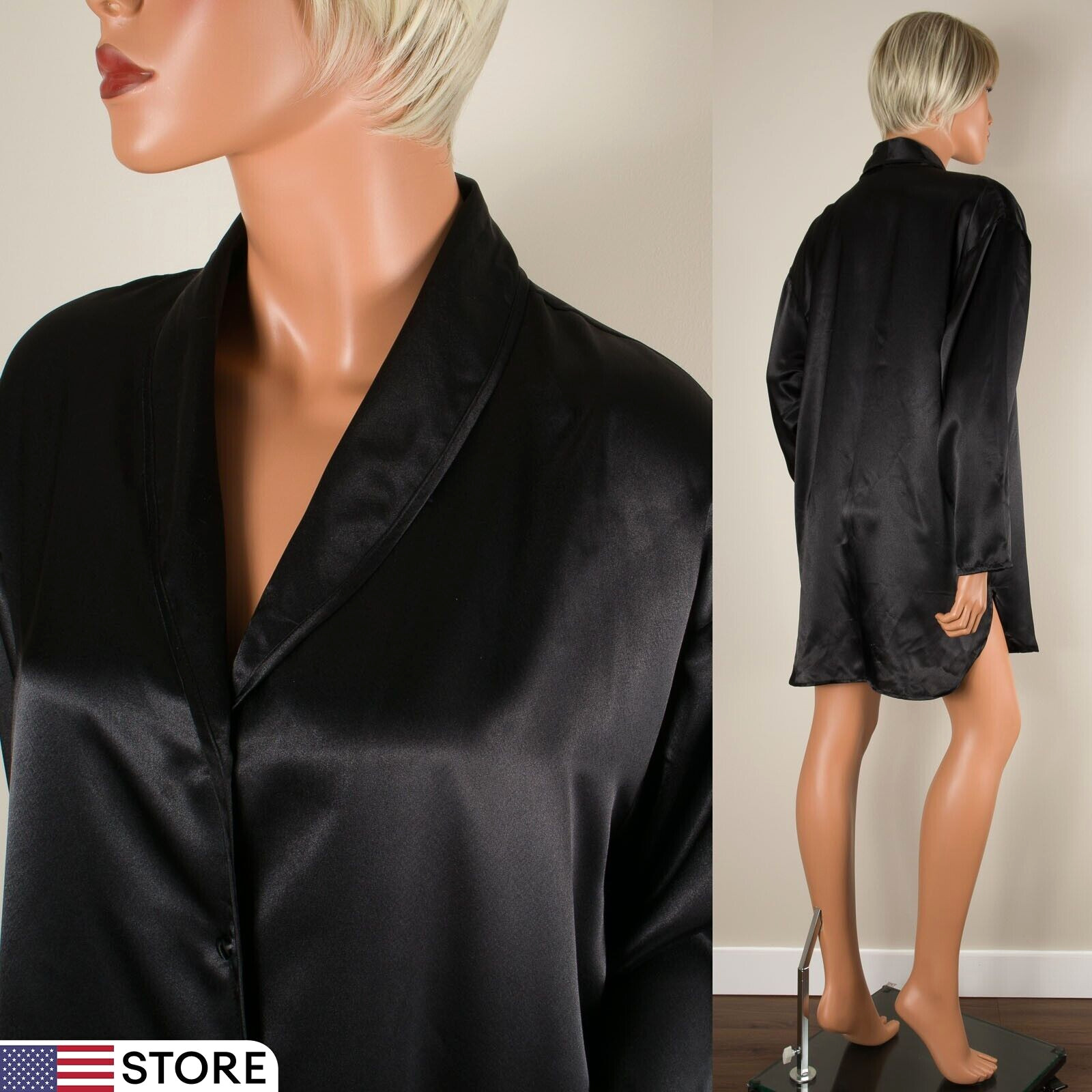 💖 FANTASIES by MORGAN TAYLOR VTG Black Satin Sleep Shirt Nightie Long Sleeve M