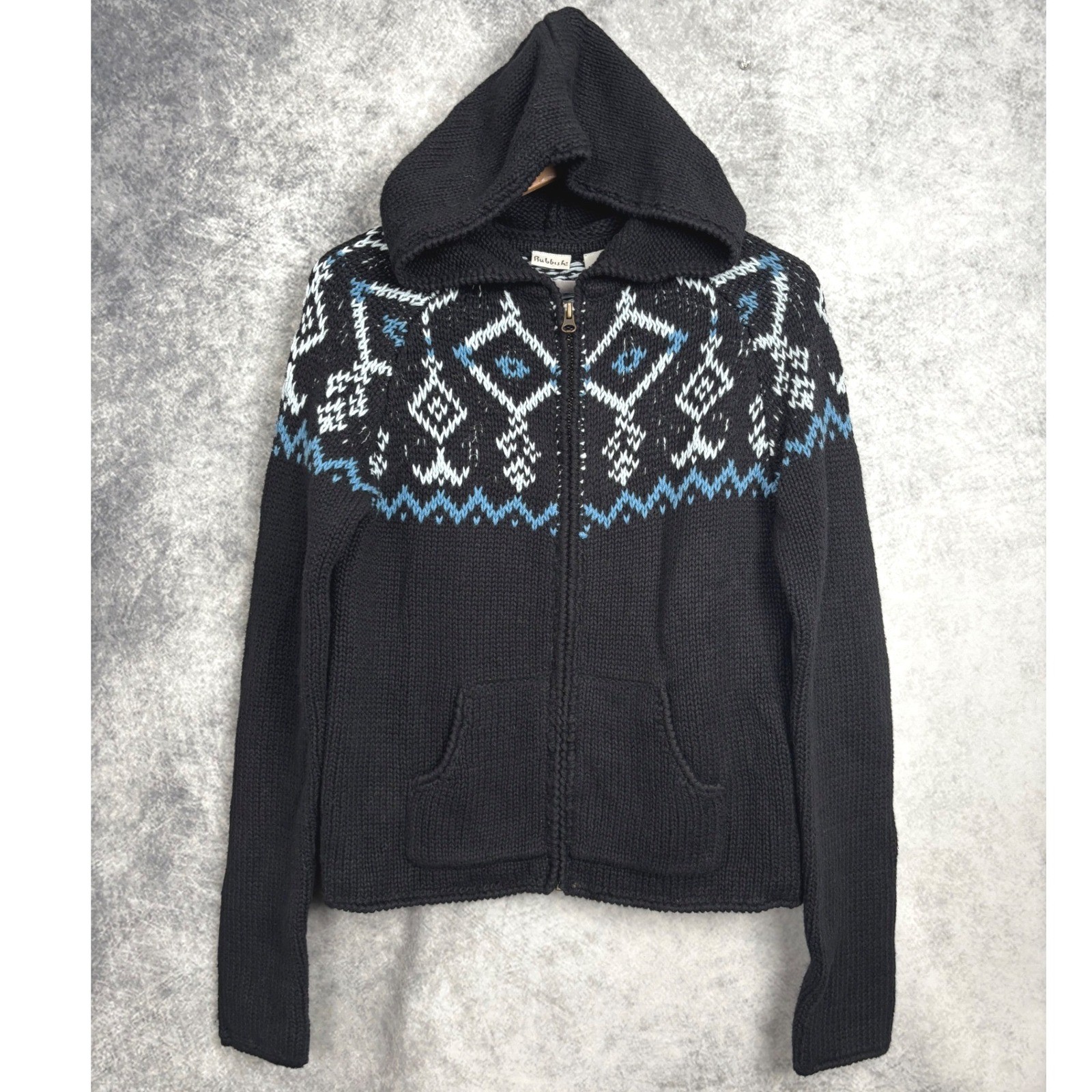 Vintage 90’s Rubbish Hooded Fair Isle Full Zip Knit Sweater Ramie Cotton Medium