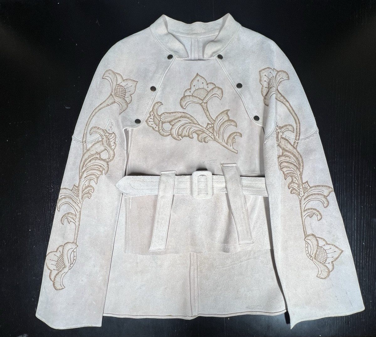 Vintage Suede Leather Floral Tooled Cape Poncho w/ Belt