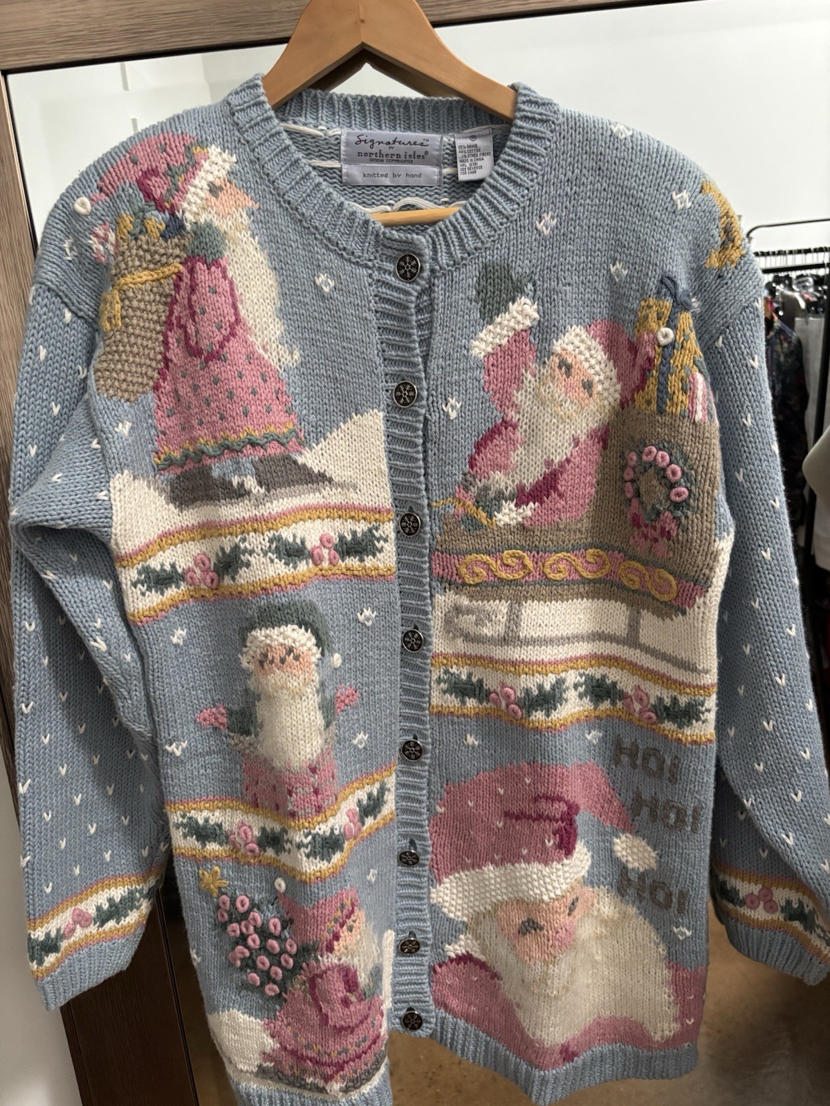 VTG 1990’s Signatures By Northern Isles Pastel Santa Cardigan Hand Knitted Sz M