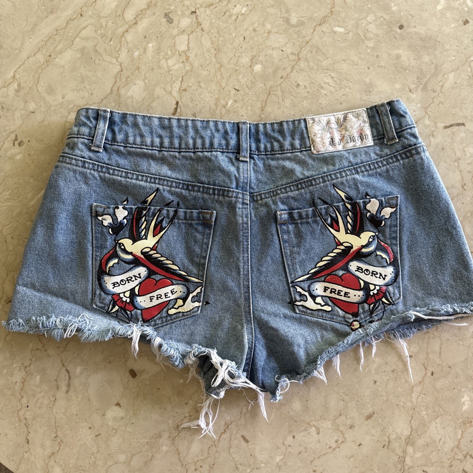 Y2K Ed Hardy Born Free tattoo Cut off denim shorts womans large