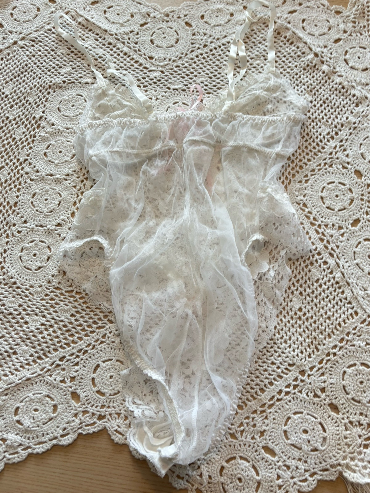 VTG 80s E. Bole White Lace High Cut Lingerie Teddy Sheer Lace Pink Bow