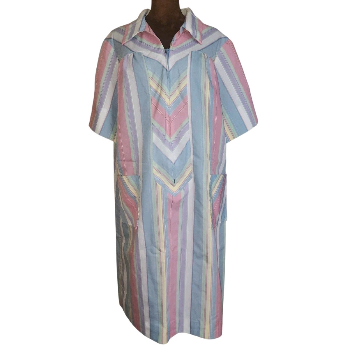 Vintage Colorful Striped Retro House Dress Collared Pockets Unlined Handmade