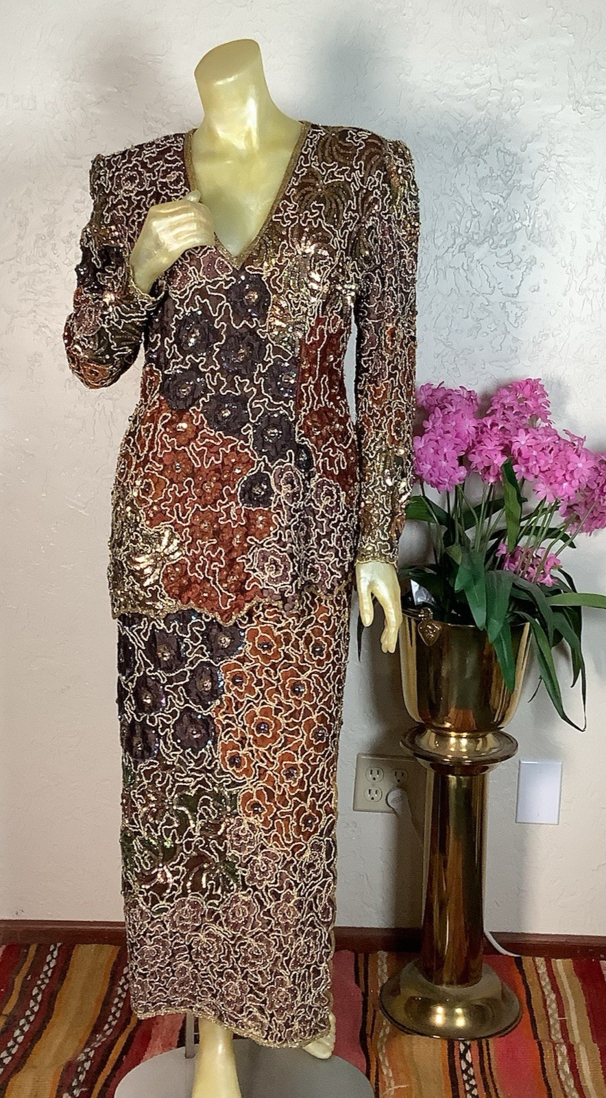 Vintage Judith Ann Metallic Gold, Bronze & Brown Sequin Beaded Two Piece Set – M