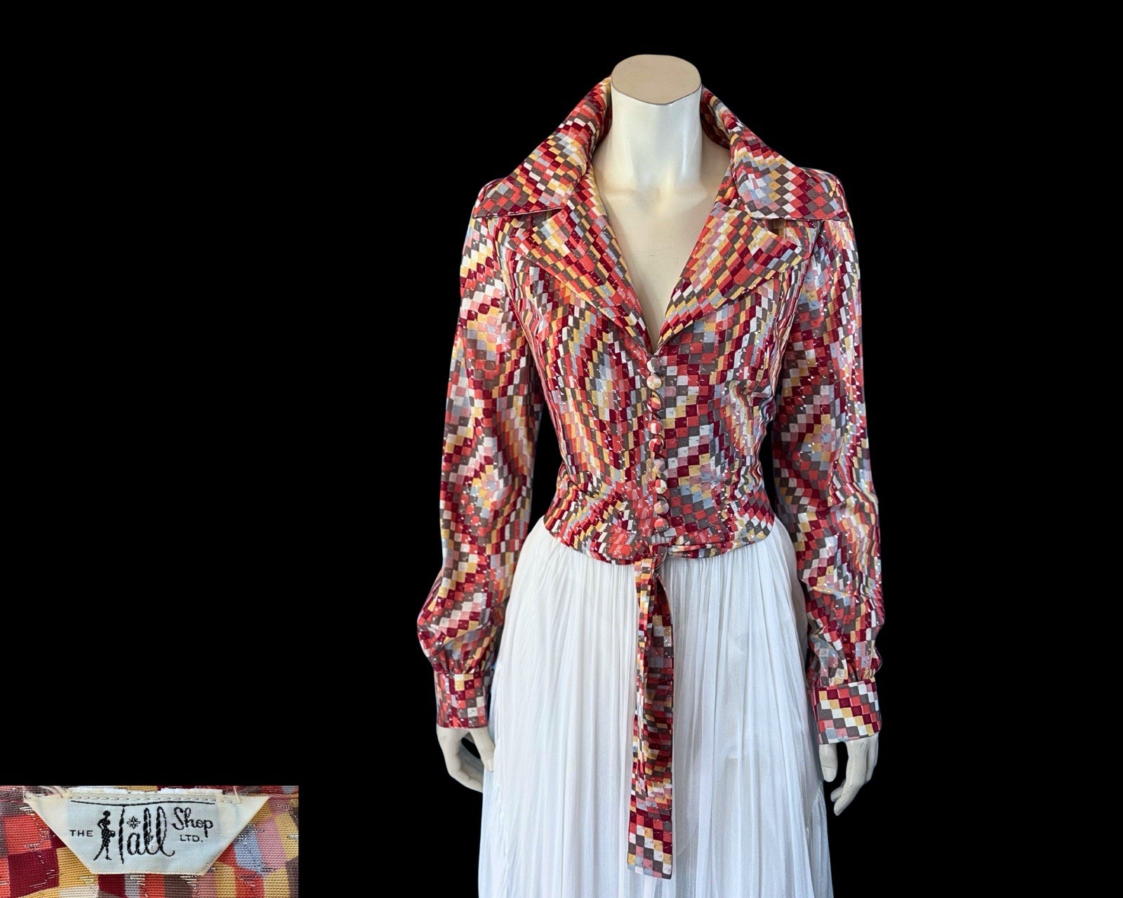 1970s Psychedelic Geometric Mosaic Multi Colour Metallic Tie-Waist Blouse | M