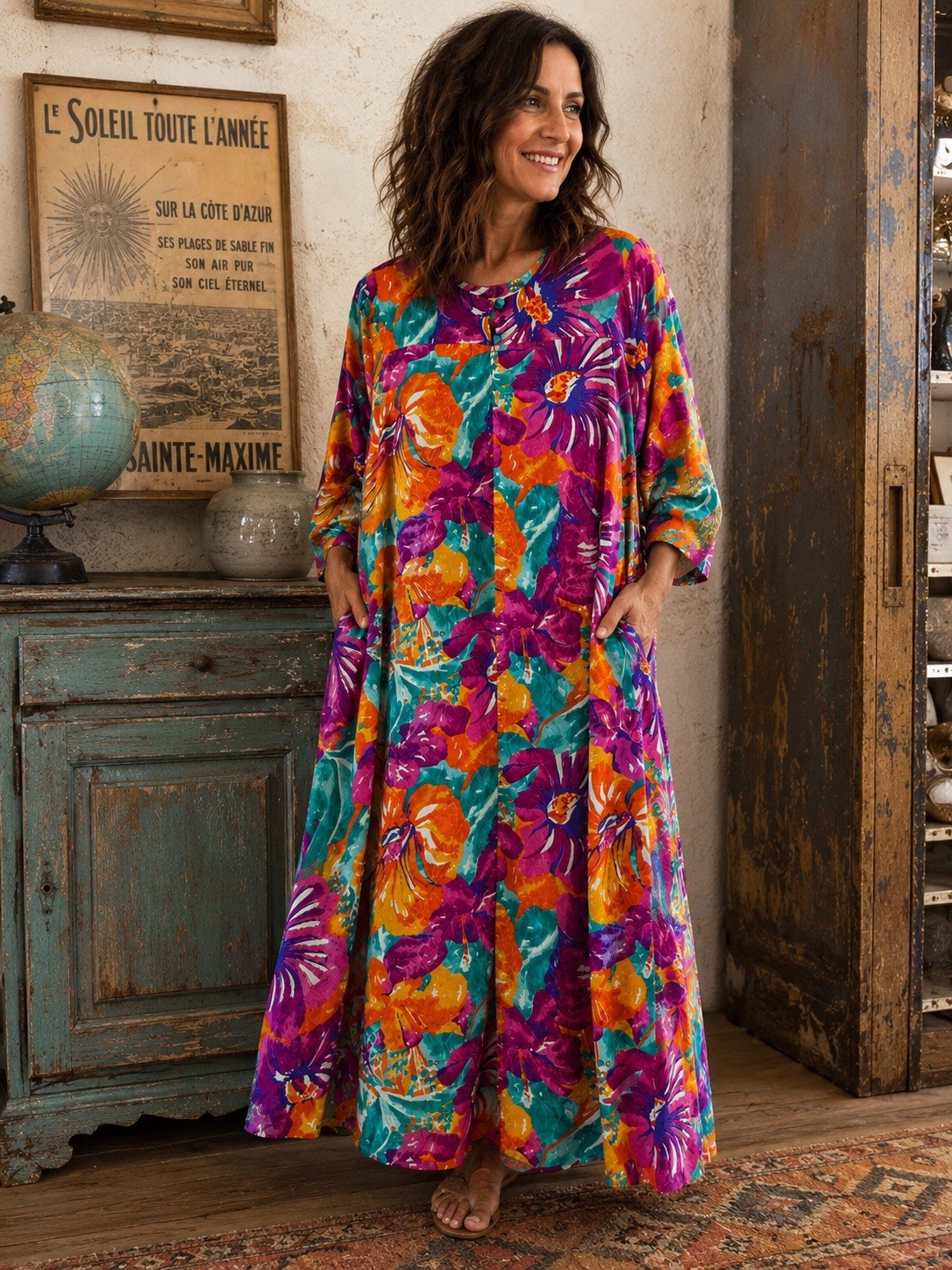 Vtg David Brown Floral Caftan Maxi Dress Bright Tropical Print Boho Lounge Sz S