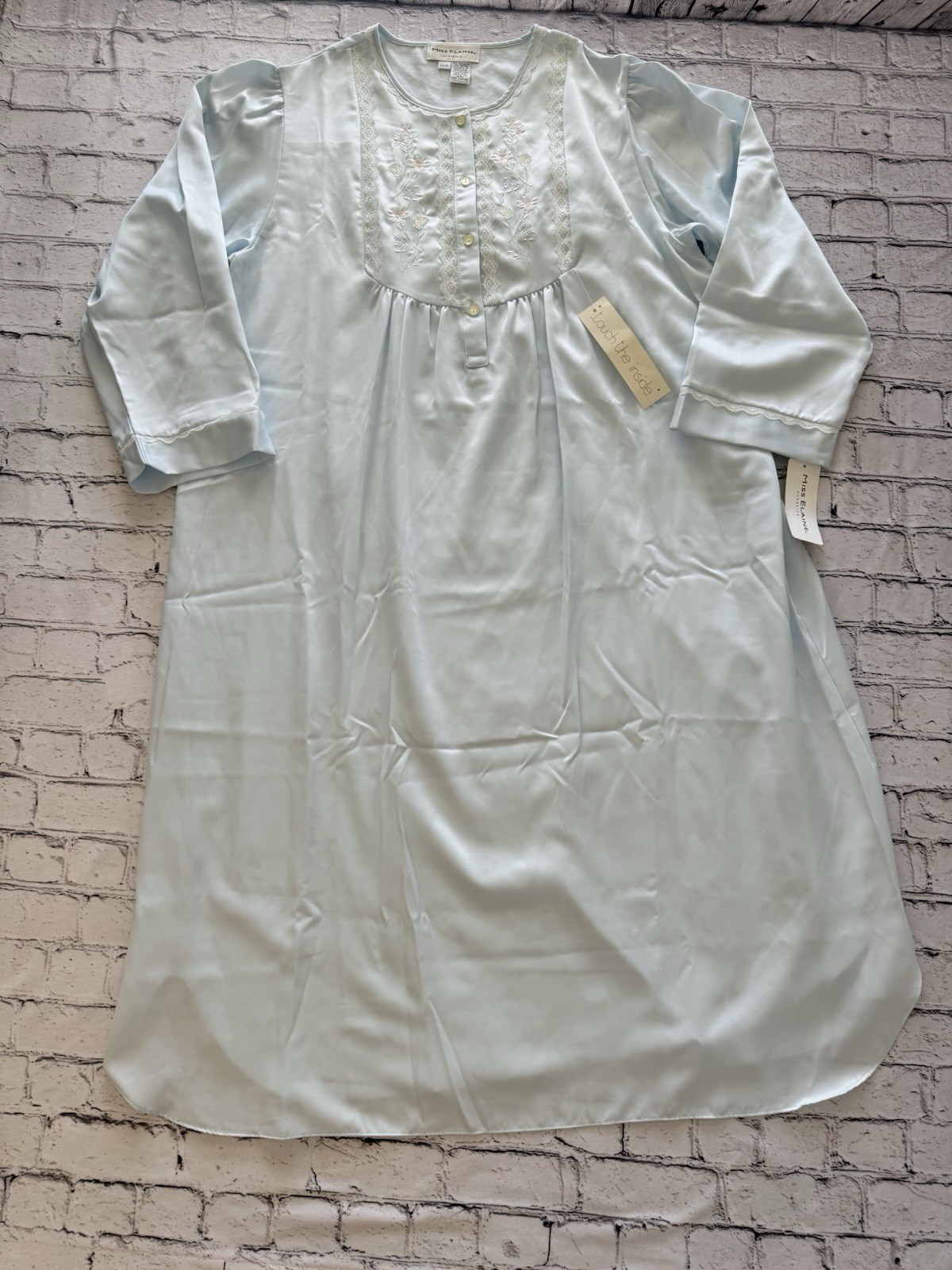 Vintage Miss Elaine XL Granny Long Nightgown Gown Lt Blue Embroidered Lace NWT