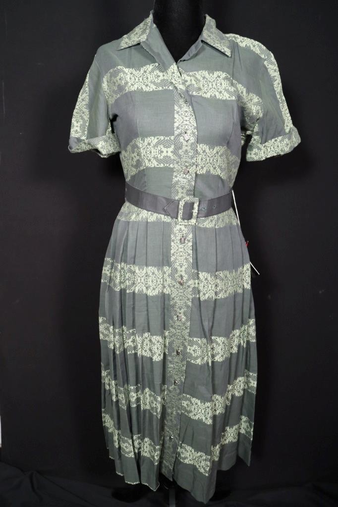 Vintage Deadstock 1950’S Never Worn Green Cotton Print Dress Size 6+ With Tags