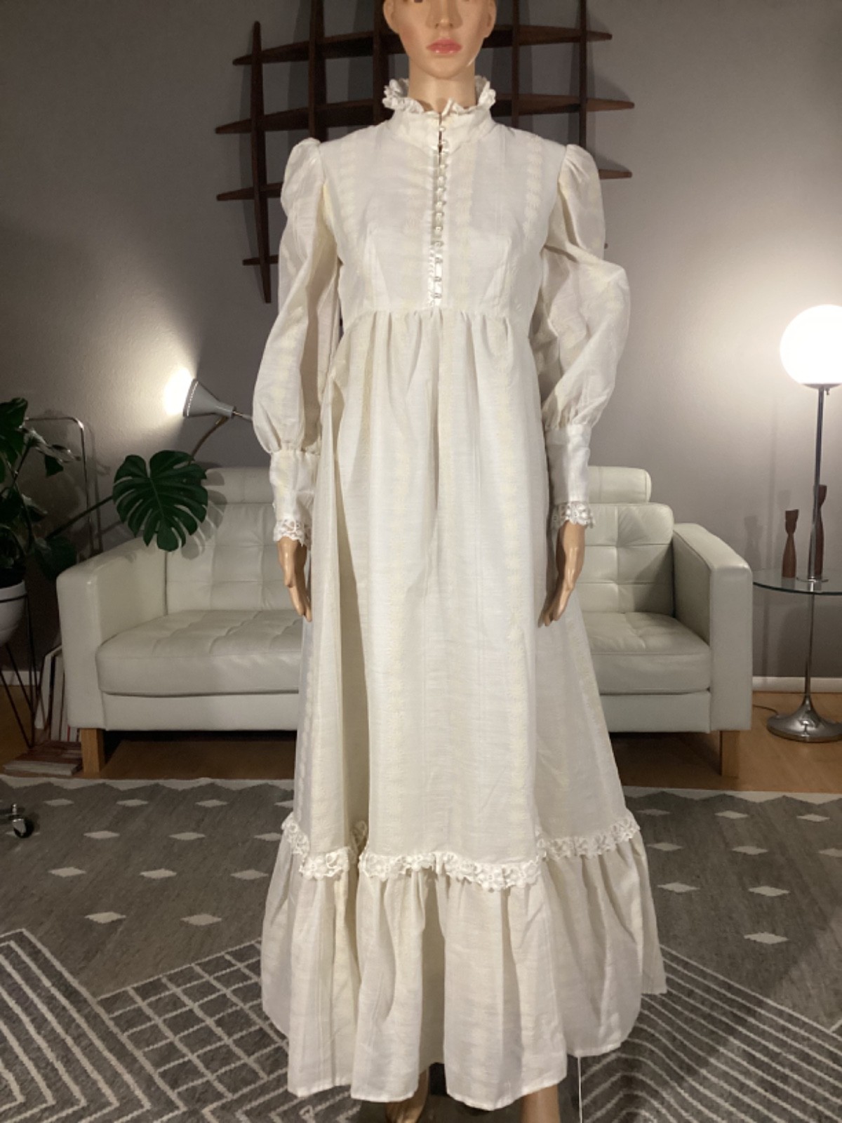 Vintage 60s 70s Prairie Maxi Dress Lace Hippie Boho Victorian Flocked Flowers