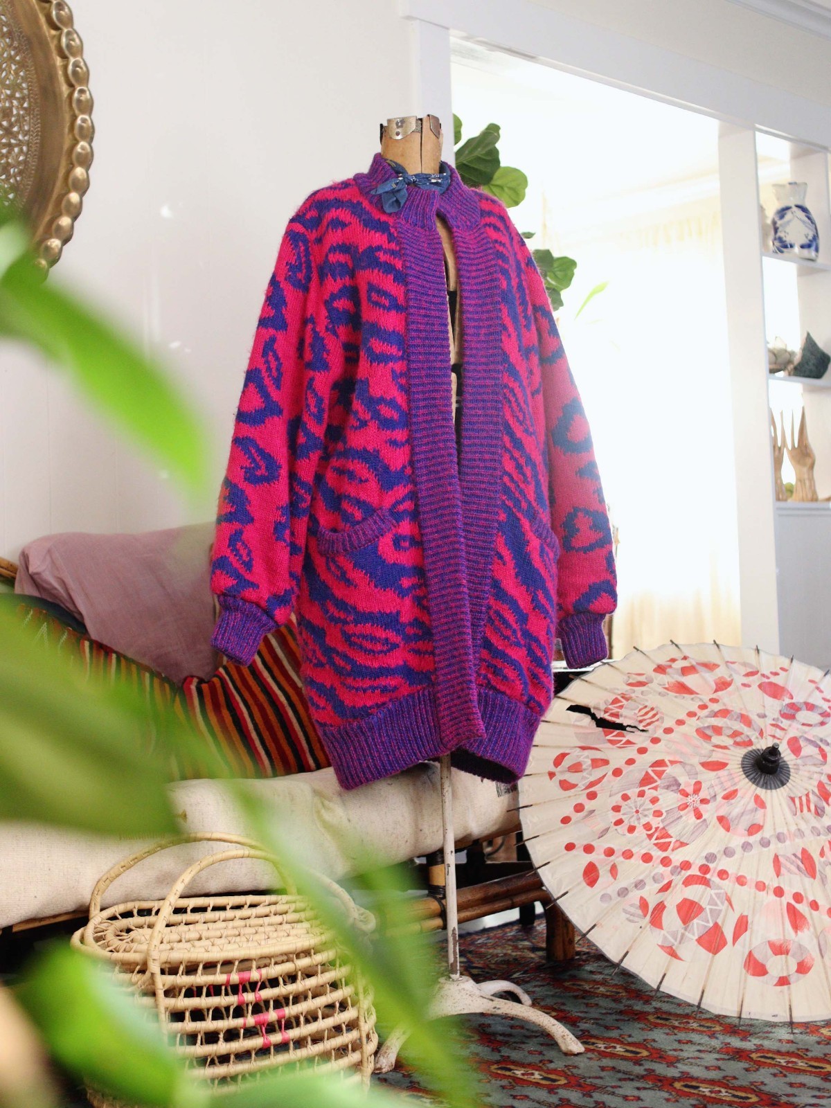 VTG 80s Magenta Pink Purple Abstract Animal Print Blouson Sleeve Sweater Coat