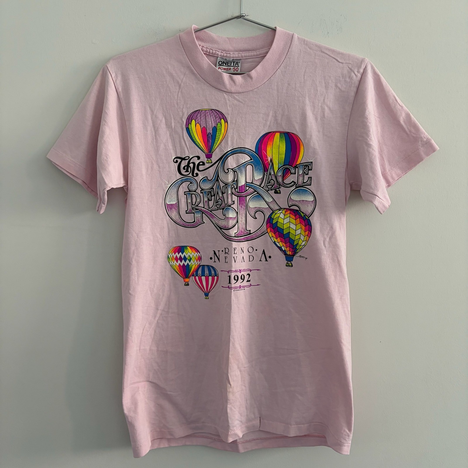 Vintage 1992 The Great Race Reno Nevada Hot Air Balloon Pink T-Shirt Oneita M