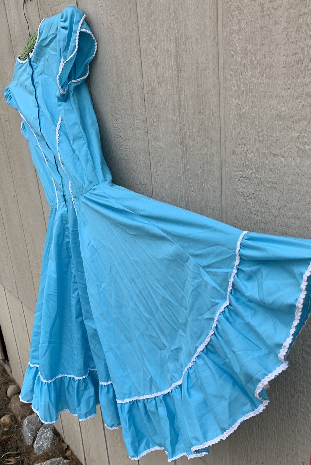 vintage square dance dancing dress with metal zipper blue with white accents