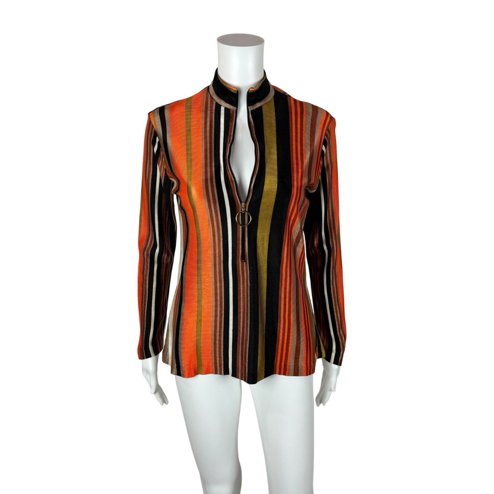 Vintage 70s Zip Up Top Women’s Size M Mod Orange Striped O Ring Shiny Long Slv