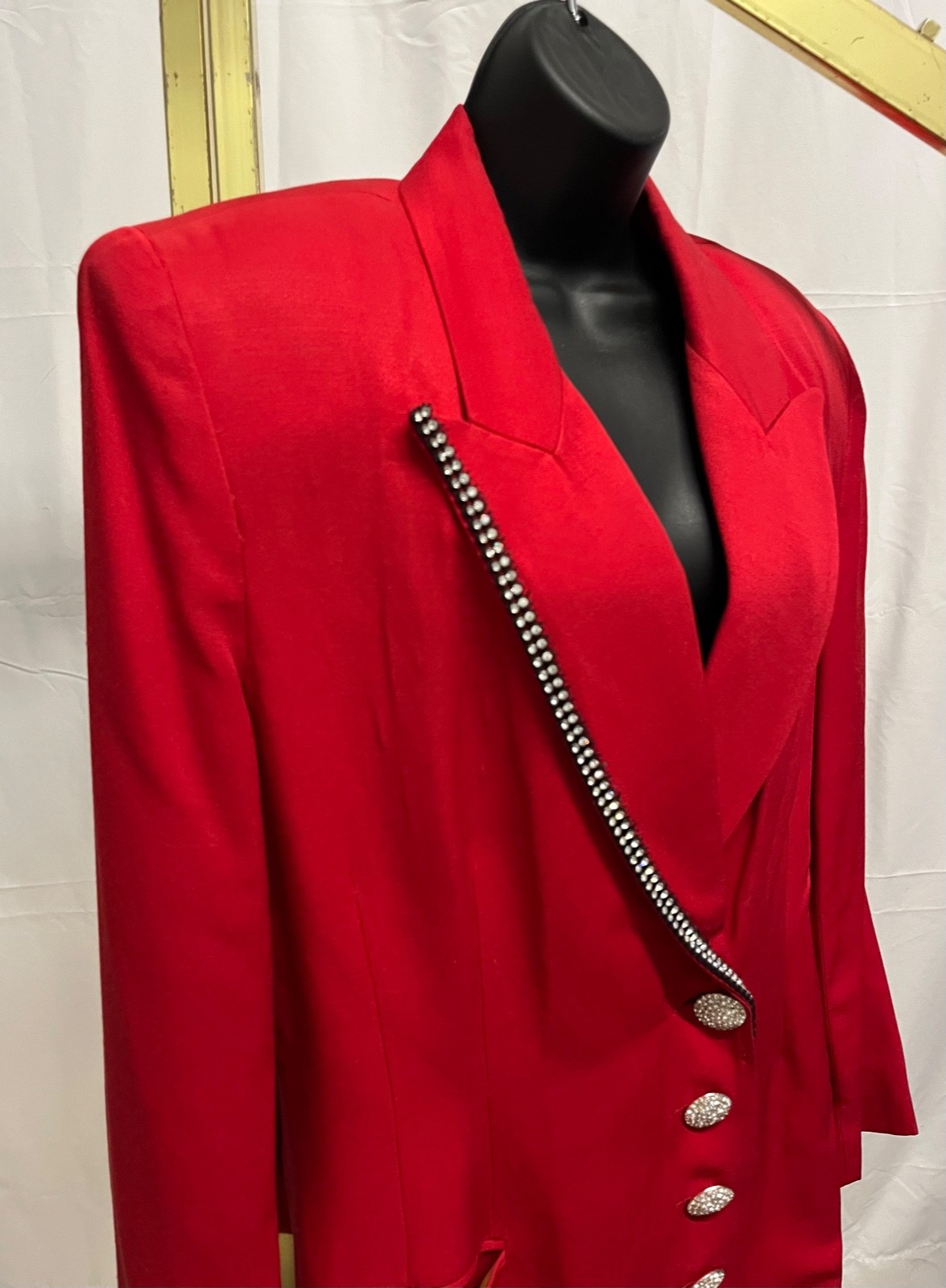 VTG 1980s Power Jacket Red Blazer Size L Rhinestones & Jeweled Buttons