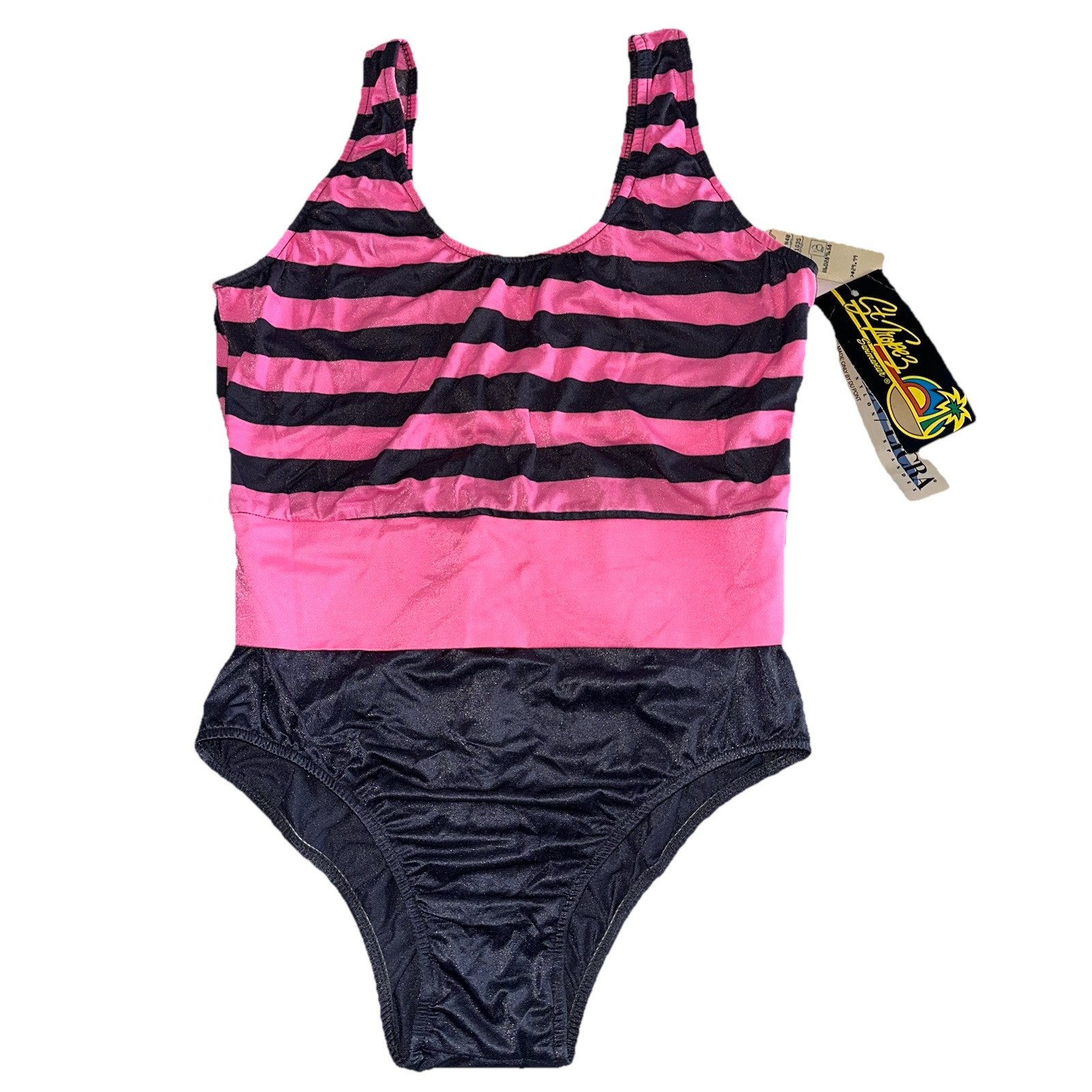 Vtg Y2K Pink Striped One Piece Swimsuit Made In USA Workout Leotard Dead Stock