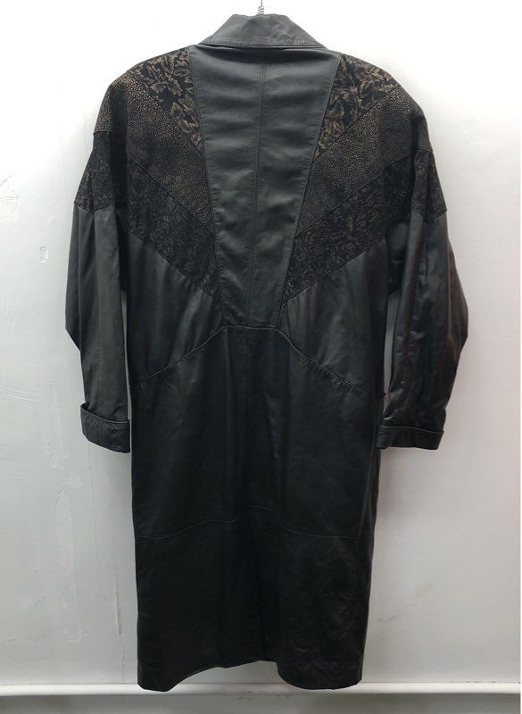 Vintage 90s Jacqueline Ferrar Women’s Black Patterned Leather Long Coat Sz M
