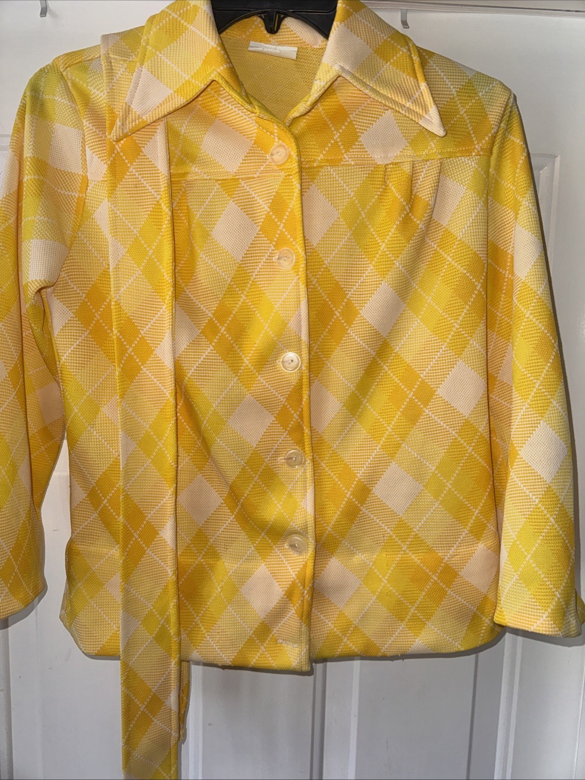 Vintage 70’s Women’s Polyester Yellow Plaid Shirt Jacket with Belt Size PXS/S?