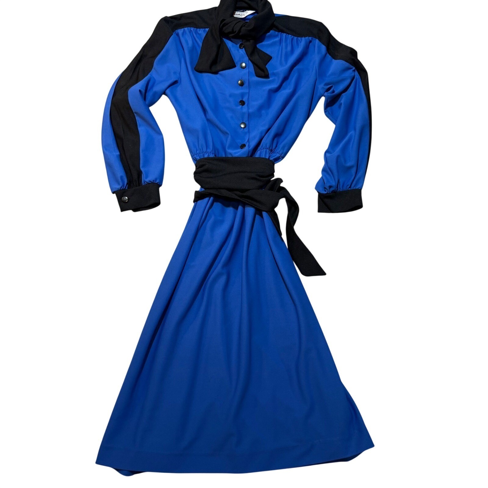 Vintage Blair Royal Blue Black Colorblock Pussycat bow Midi Secretary Dress 80s