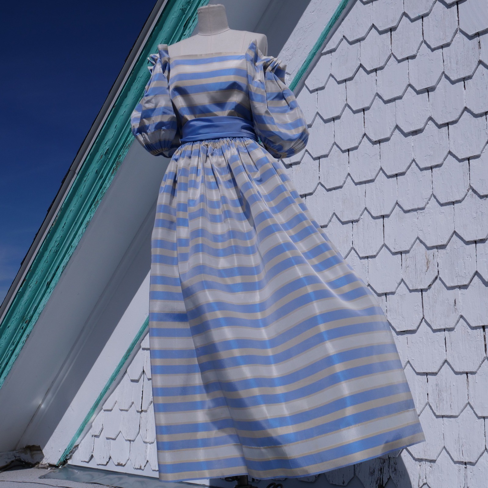 AMAZING vintage 1970s Saks Fifth Avenue striped satin puff sleeve party dress