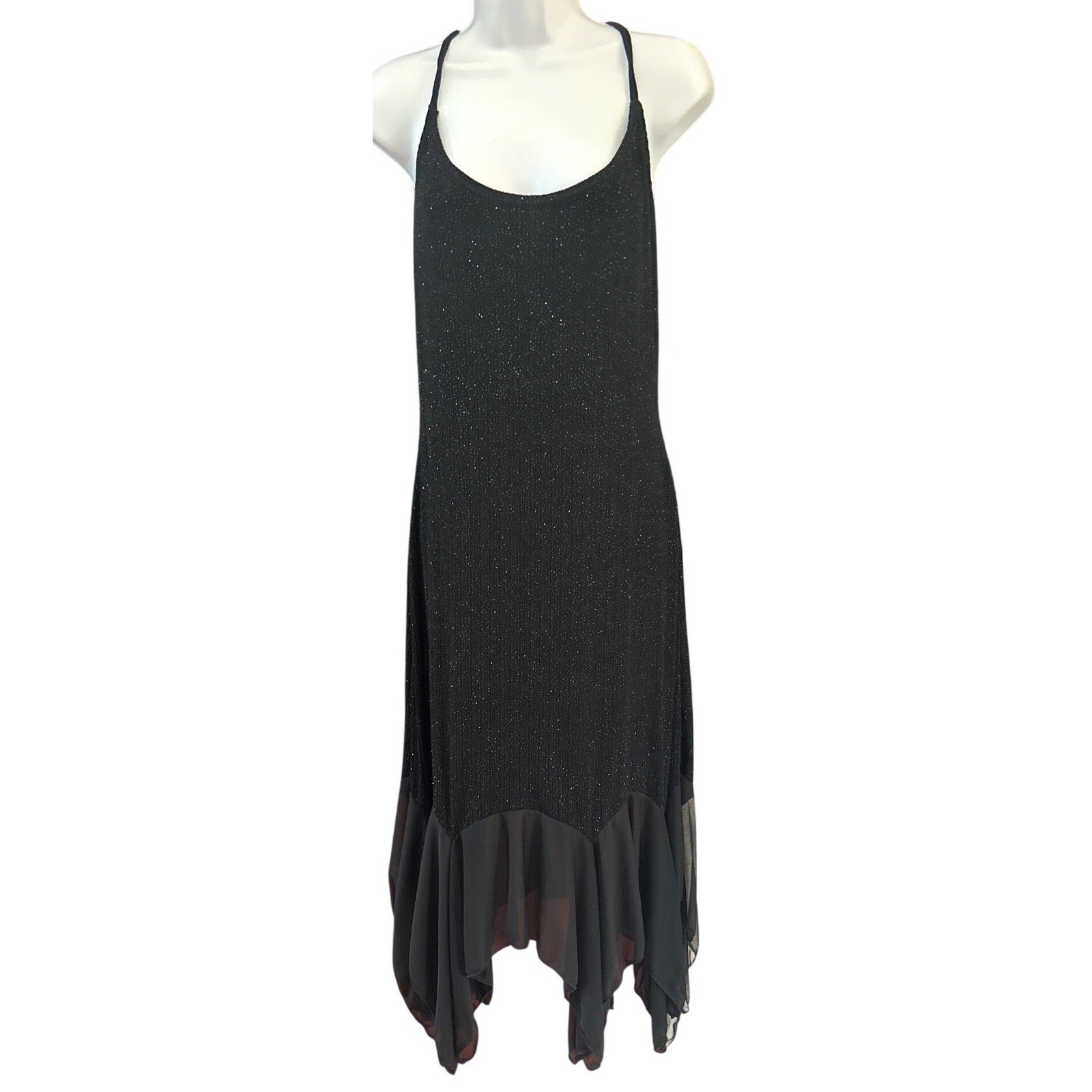 Vintage 90s Onyx Nite Midi Dress Whimsigoth Goth Glitter Handkerchief Hem Black