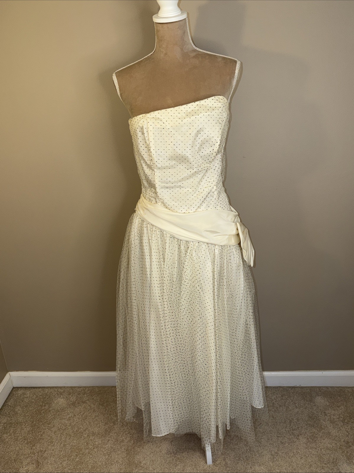 VTG 80s Zum Zum White Glitter Strapless Tulle Midi Prom Dress Sz 13/14 Satin Bow