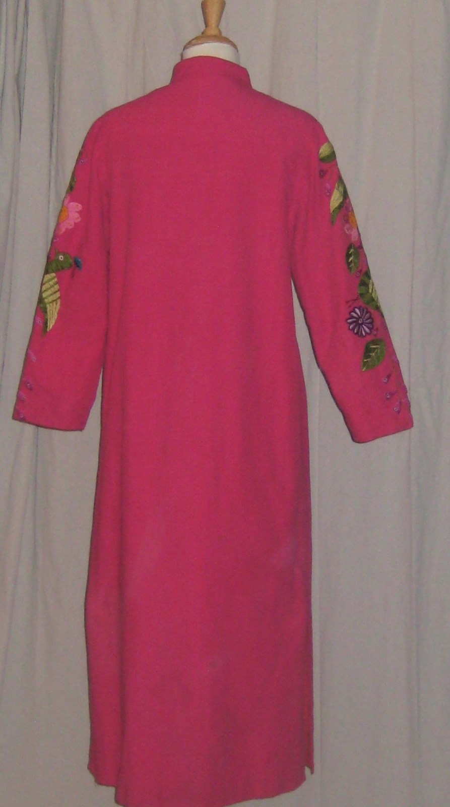 Vintage Duster Jacket Coat Mexican Embroidered Birds Paz El Paramor Fushia Pink