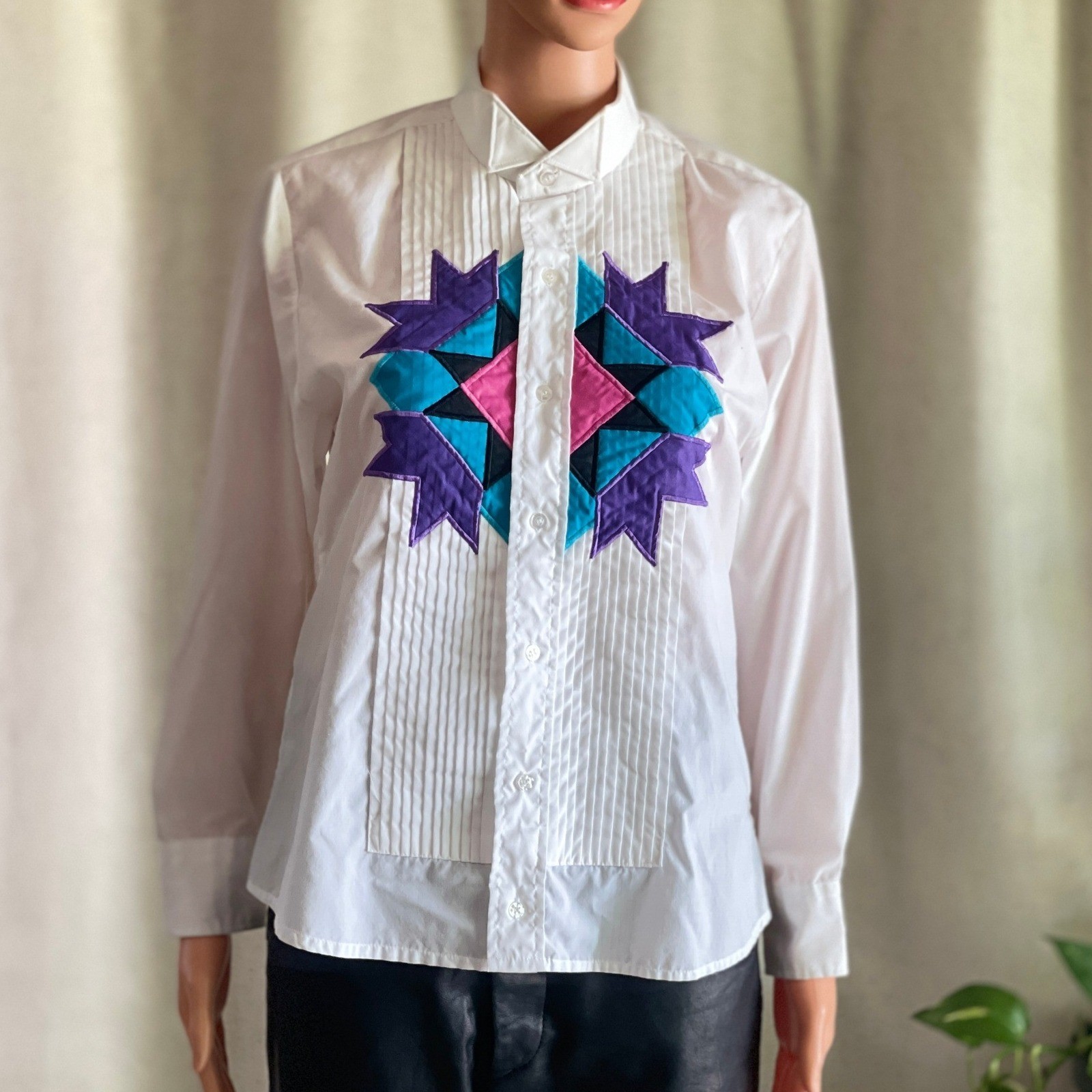 Vintage 80s Broadway Tuxmakers White Pleated Bib Shirt Patchwork Western Size M