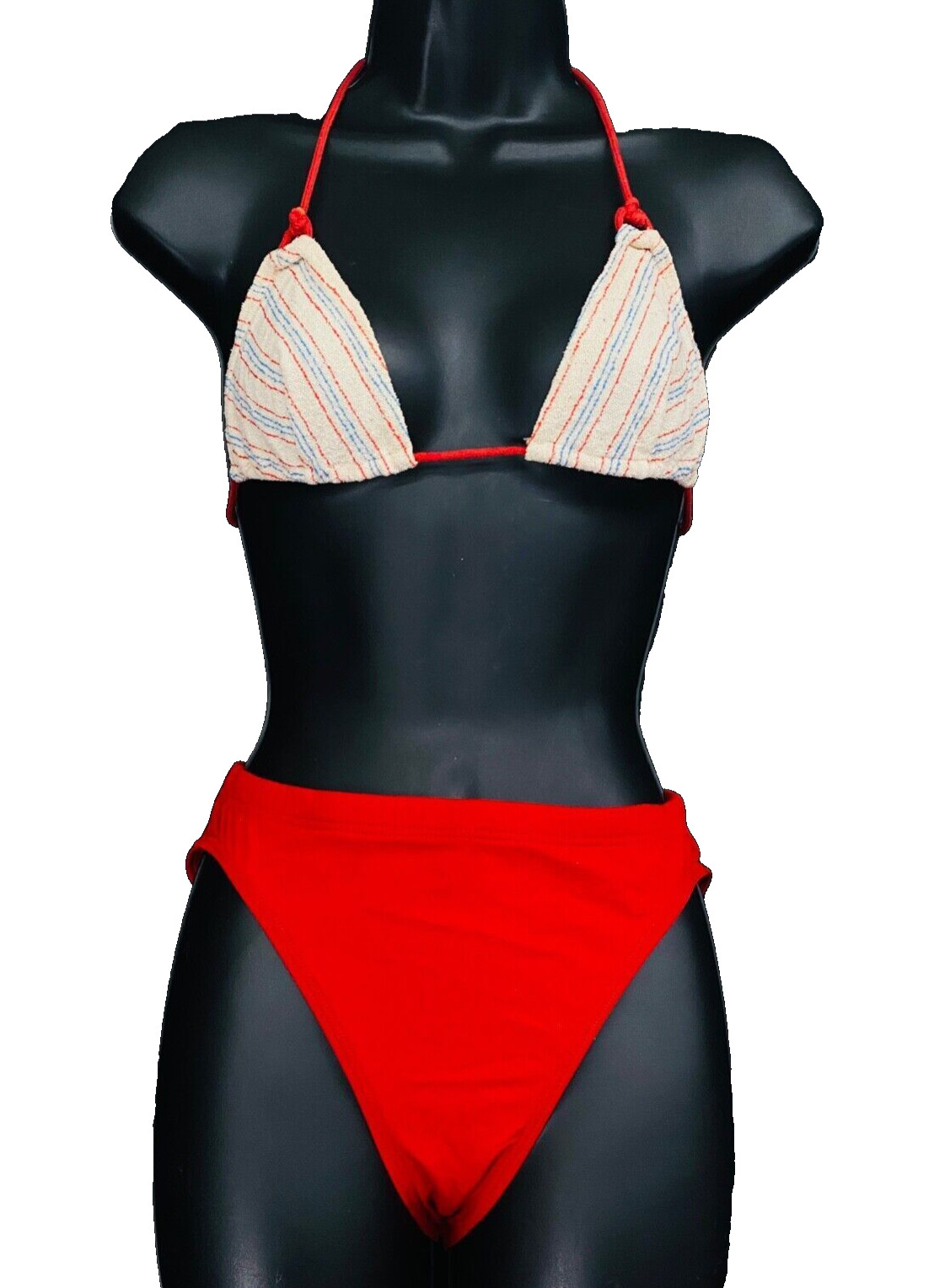 Vintage 1970s red string bikini, white striped cotton high waist bottoms XS S