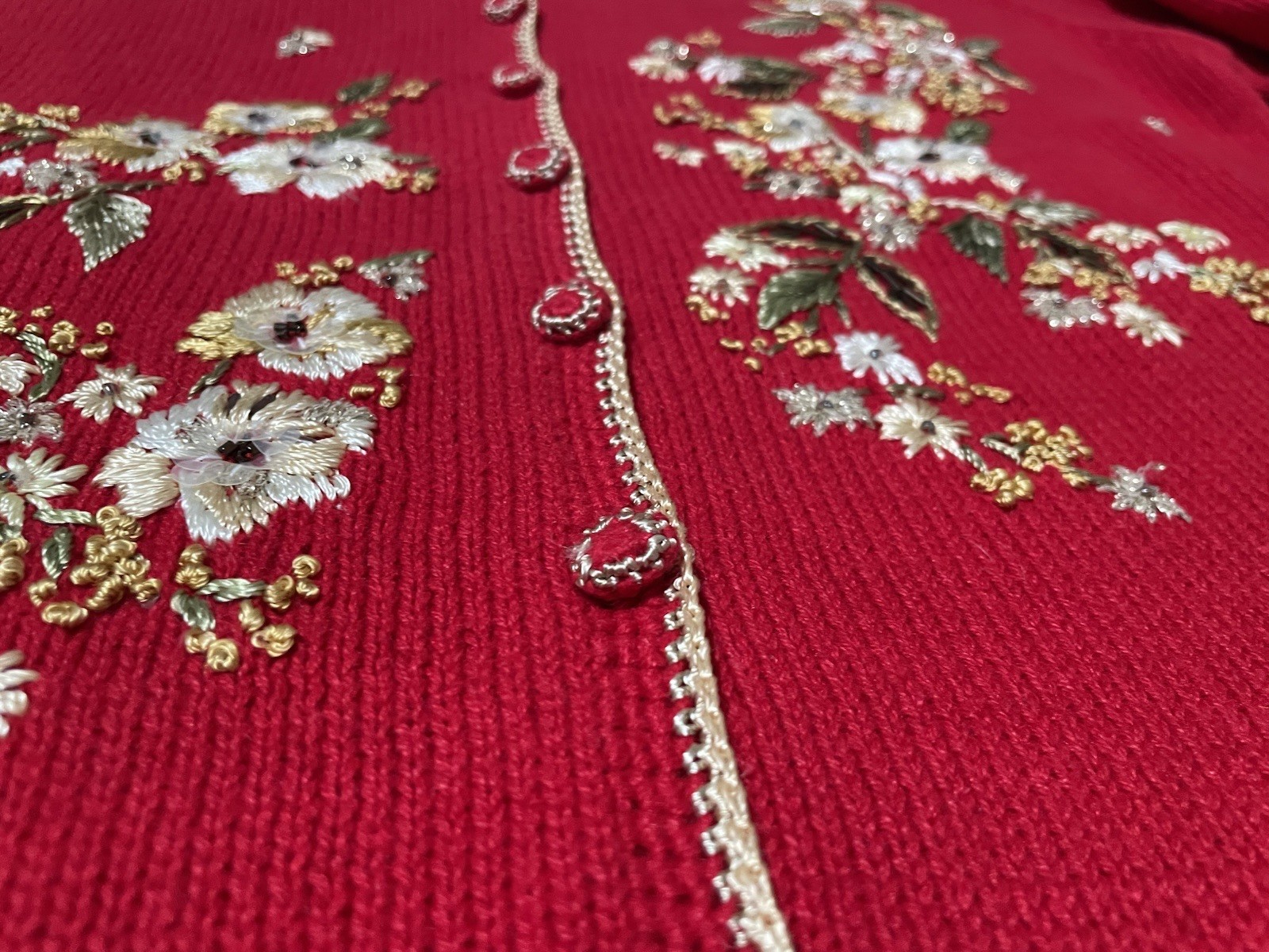 Vtg 2002 Sz S Heirloom Collectibles Red Cardigan Sweater Gold Embroidery Decor
