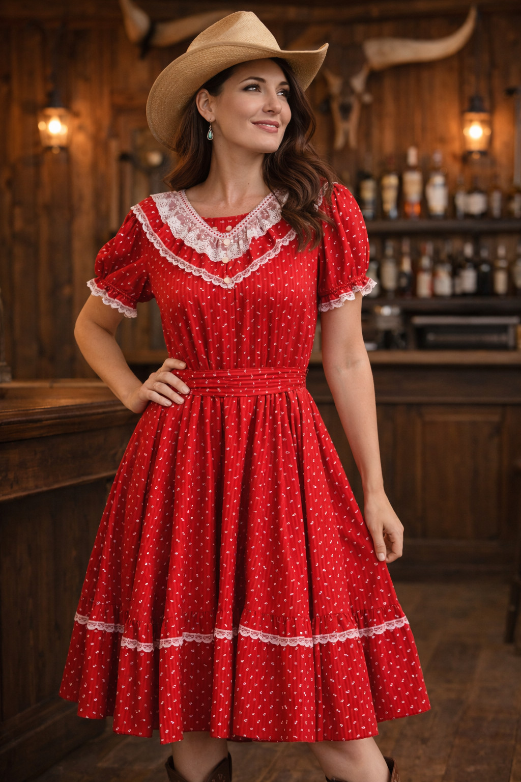 Vintage Jeri Bee Red White Floral Cotton Blend Square Dancing Dress S