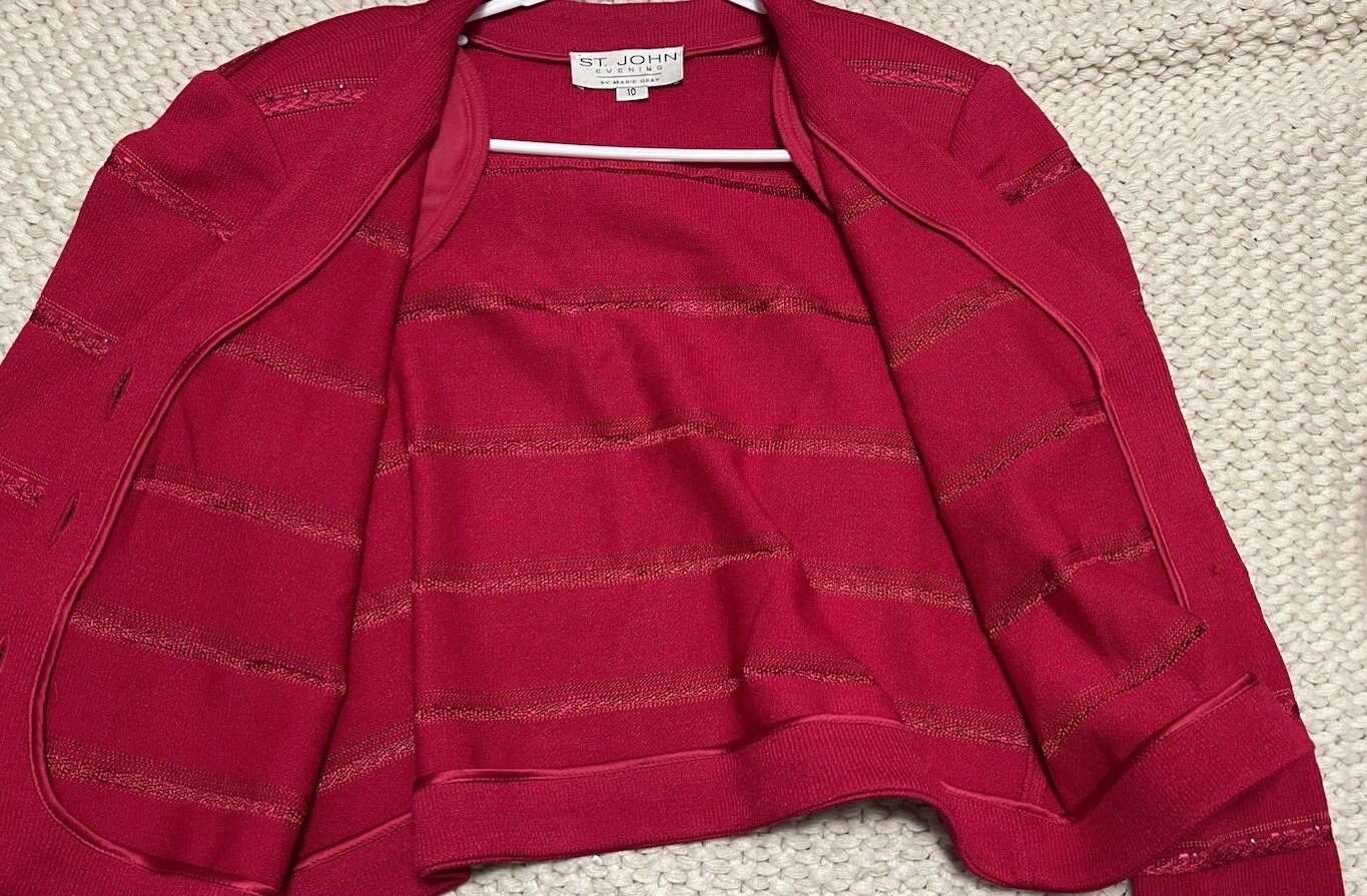 ST. JOHN EVENING BY MARIE GRAY KNITTED BLAZER SZ 10 RED BEADED EMBROIDERED