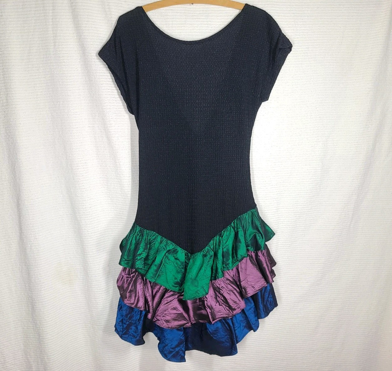 90s Metallic Party Dress L Tiered Lame Skirt Stretch Knit Low Back Steppin Out