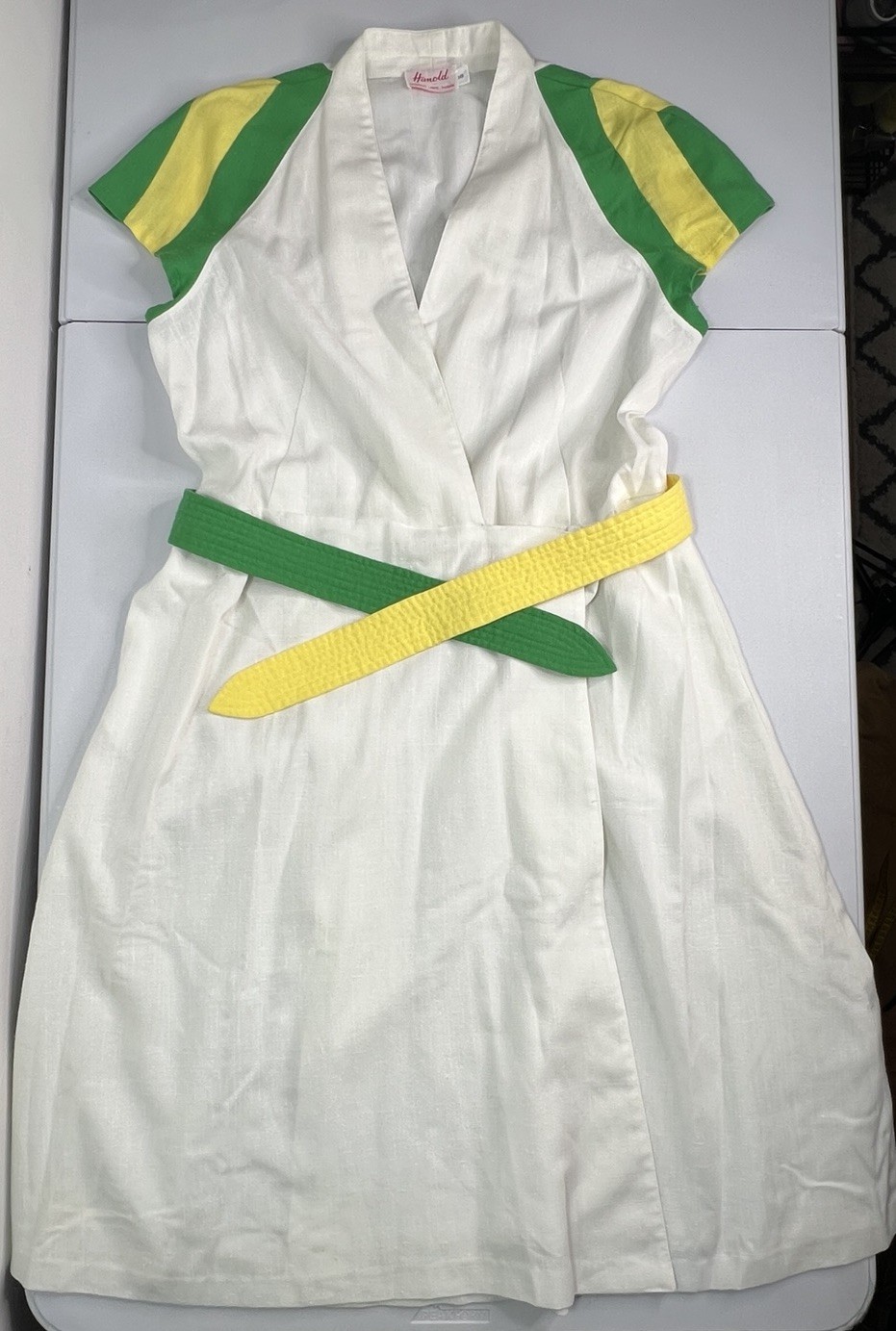 Vintage 60’s White Wrap Dress Green Yellow Striped Sleeves Belted Tag Sz 18