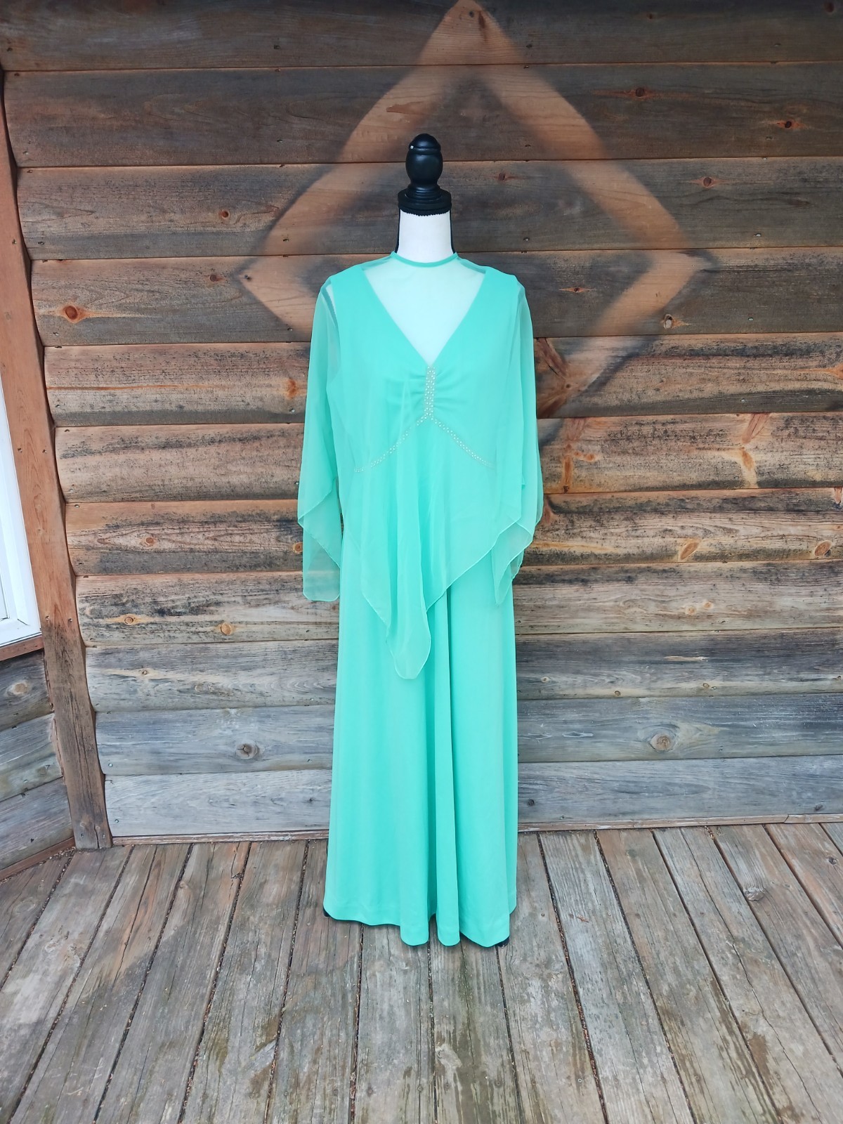 Vtg Seafoam Green Chiffon Cape Maxi Dress Rhinestone Empire Waist Formal Gown