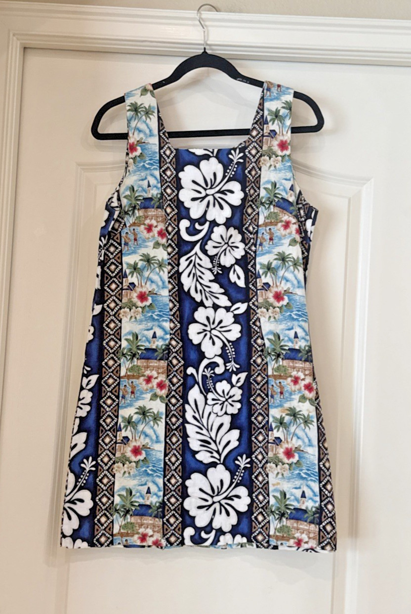 Vintage Shannon Marie Hawaiian Floral Camp Sleeveless Shift Dress Size L/14 USA
