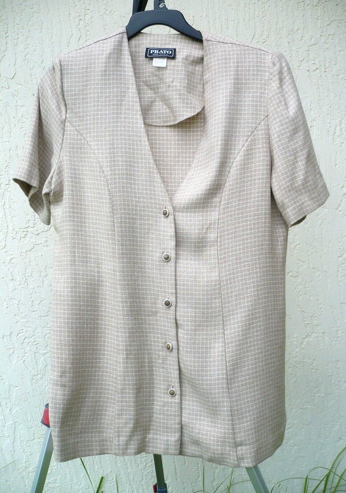 VTG PRATO USA FALL WARM MINI WOVEN M L RAYON POLY BEIGE BUTTON UP FITTED DRESS