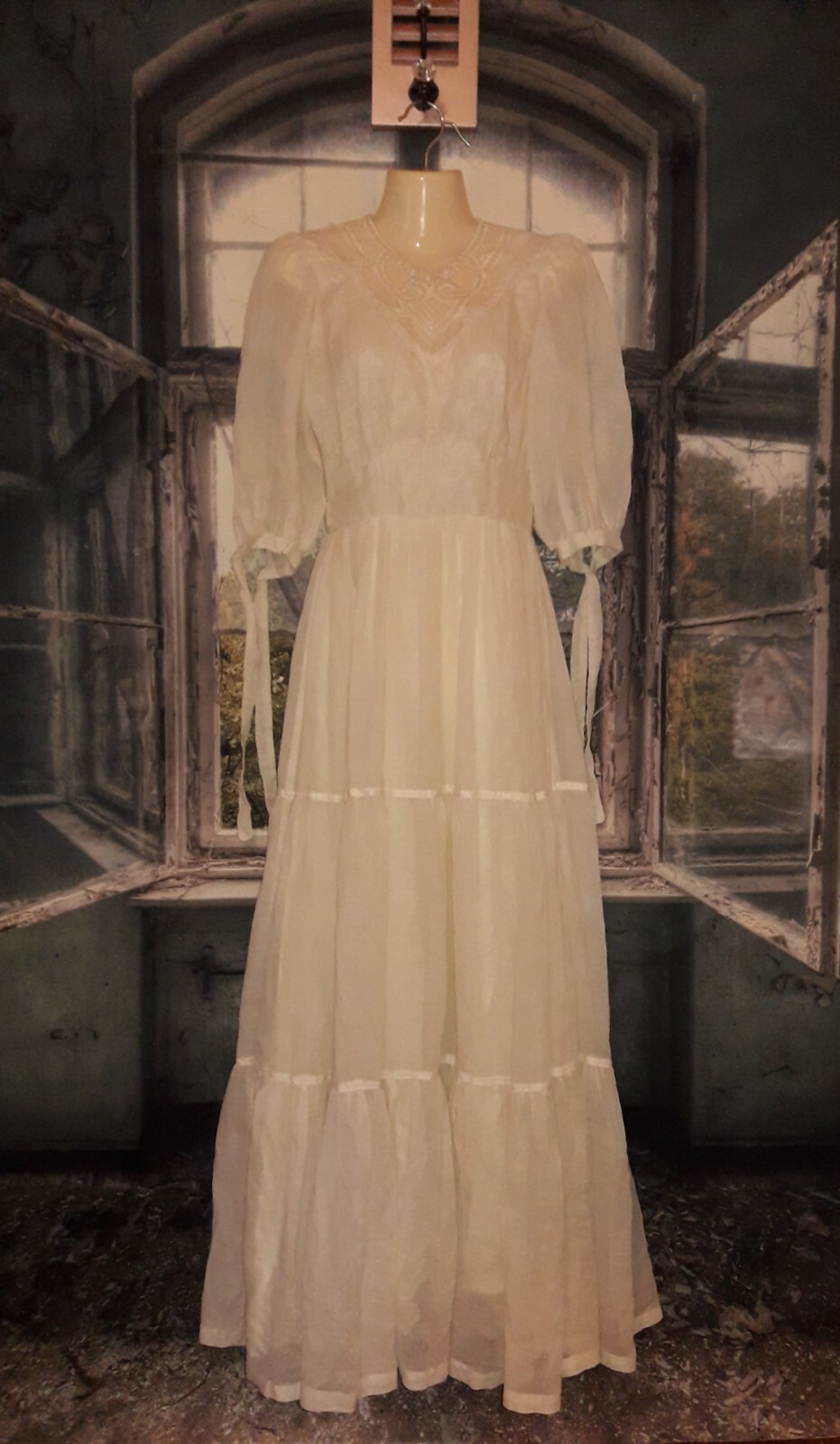 Vintage Joy Stevens Cream Lace Peasant Lace Cottagecore Gunne Sax Style Dress SM