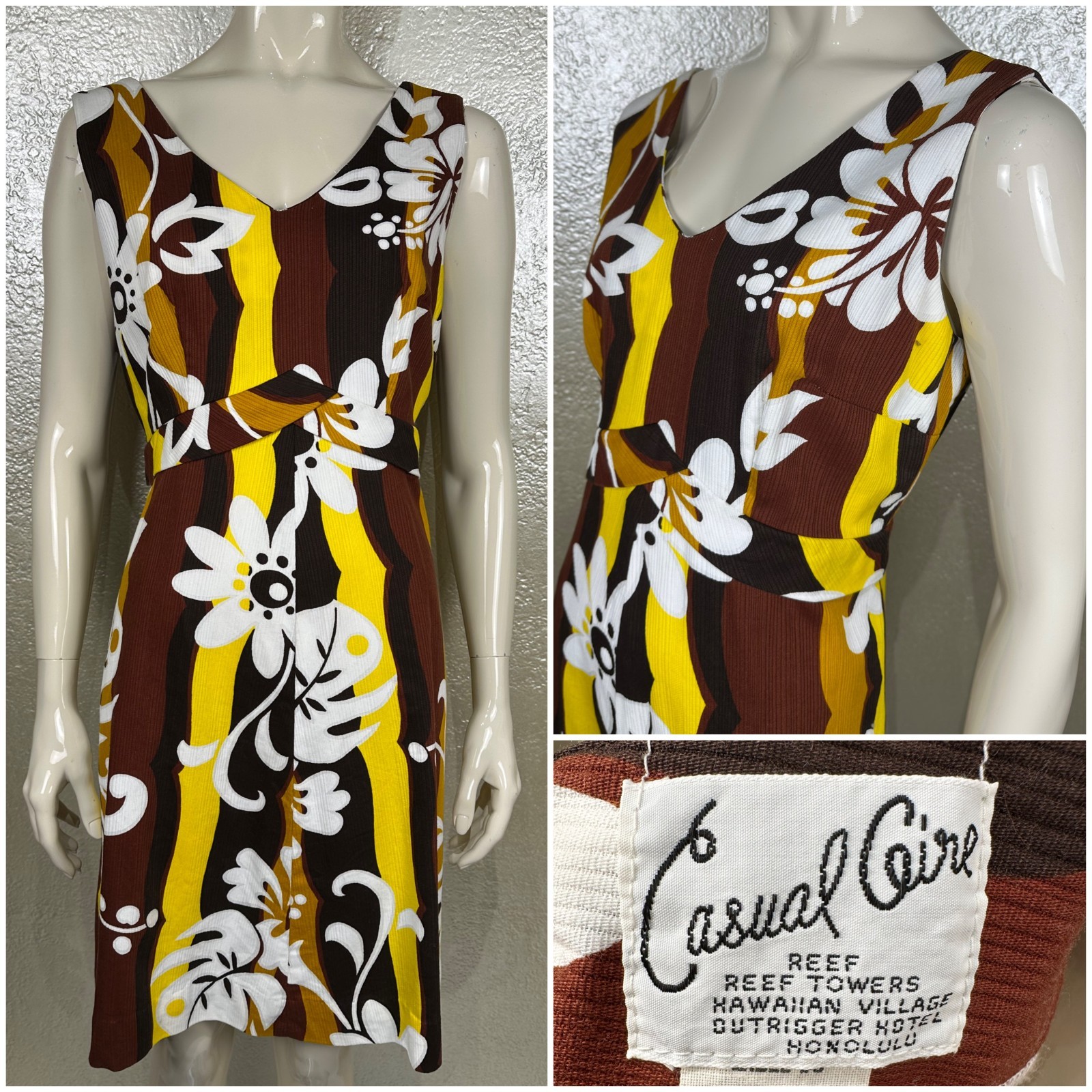 Vintage Ladies 1960’s CASUAL AIRE Reef Honolulu Brown Yellow Hawaiian Dress M/L