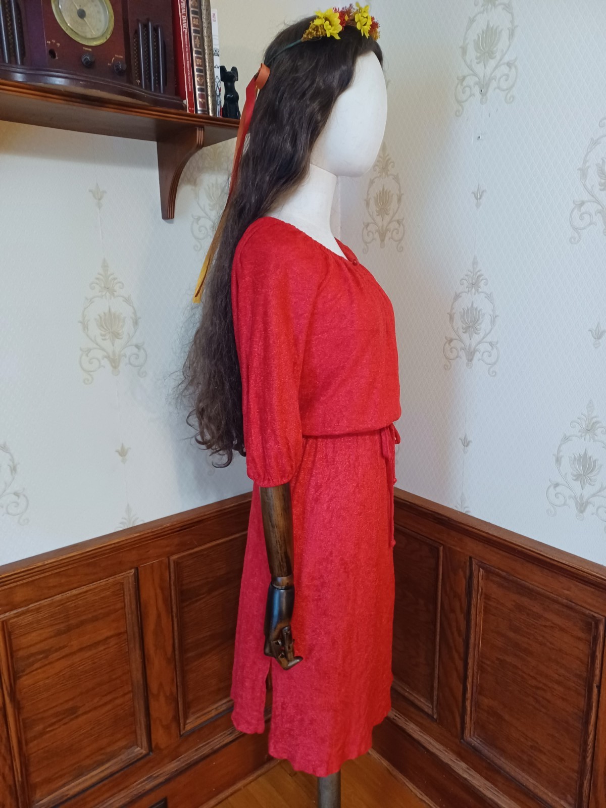 Vintage 1960s/1970s Red Terrycloth Puff Sleeve Boho Hippie Hostess Midi Dress